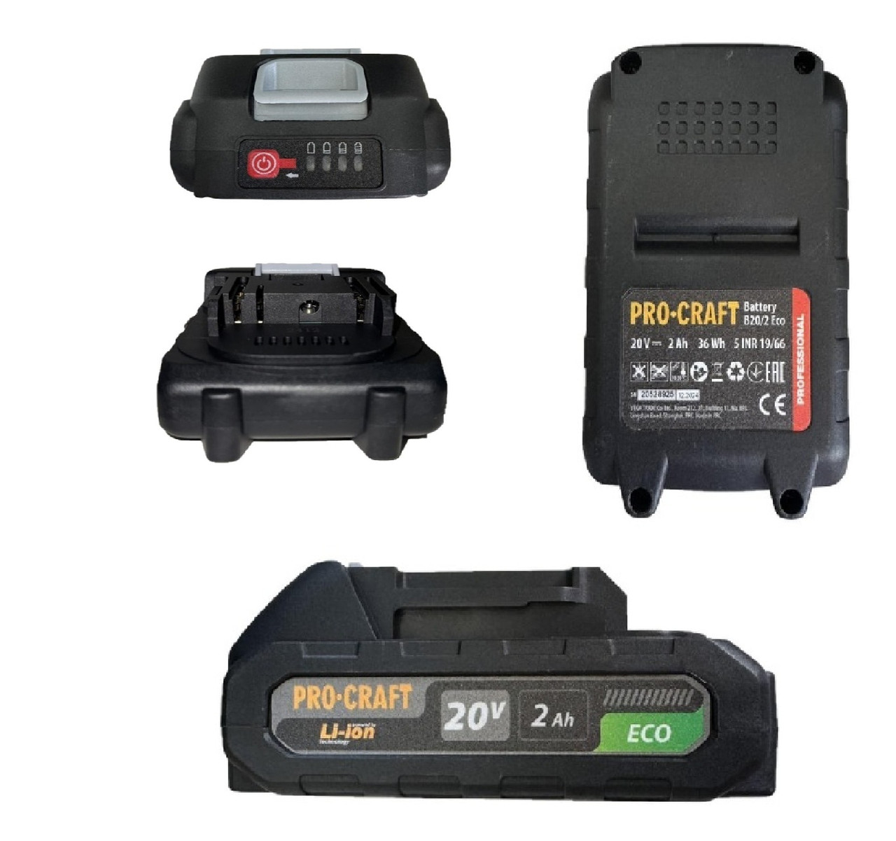 Акумуляторна батарея Procraft 20В 2А/год ECO Li-Ion з індикатором заряду для інструментів лінійки Прокрафт 20В, фото 1