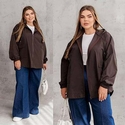 Плащова жіноча вітровка великого розміру з капюшоном на змійці