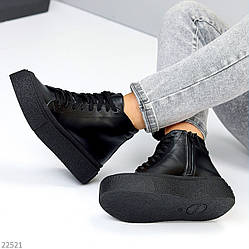 Чорні шкіряні кеди хайтопи на флісі на потовщеній підошві