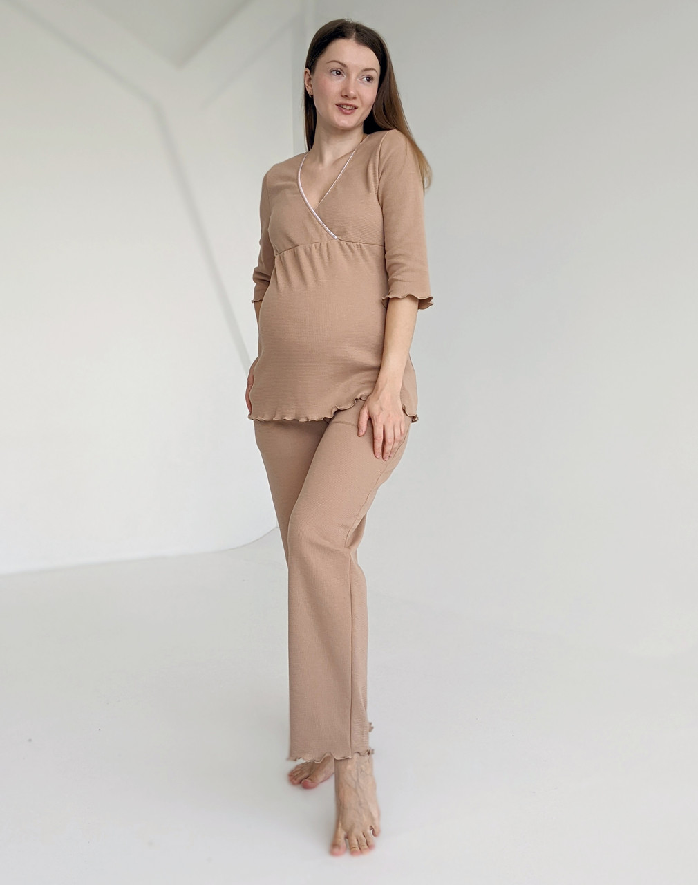Піжама для вагітних зі штанами WAFFLE (капучино), фото 1
