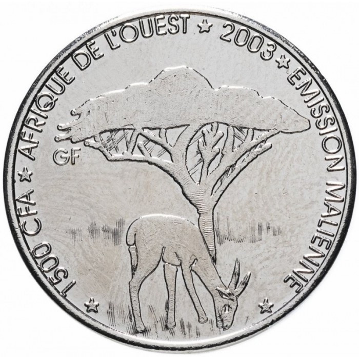 Малі 1500 франків- 1 африка 2003 рік Газель Сталь з нікелевим покриттям, 7.2g, ø 26mm №2178, фото 1