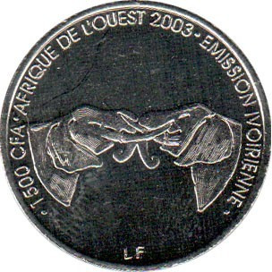 Кот-д'Івуар 1500 франків - 1 африка 2003 рік Слон саванний Мідно-алюмінієвий, 6g, ø 26mm №2198, фото 1
