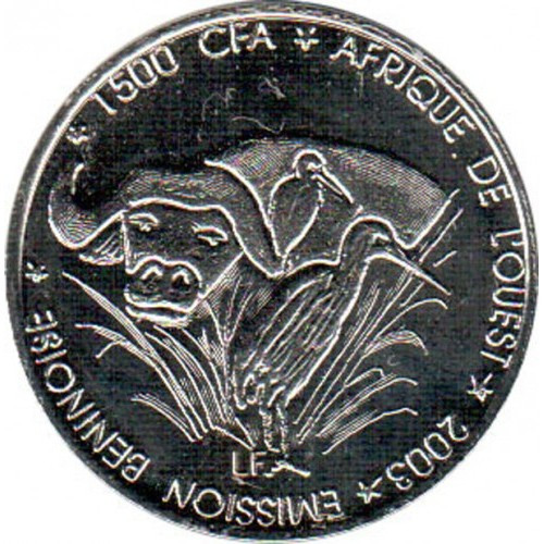Бенін 1500 франків - 1 африка  2003 рік Африканський буйвіл №2196, фото 1