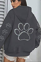 Женское худи с капюшоном тринитка оверсайз повседневное блестящая лапка молодежное графит 42-48