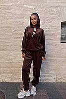 Женский костюм спортивный велюр повседневный уютный худи капюшон джоггеры манжеты шоколад 42-52