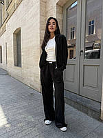 Жіночий спортивний велюровий костюм демісезон стильний комфортний худі на блискавці капюшон широкі штани чорний 42-52