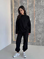 Жіночий спортивний костюм оверсайз вельвет світшот штани вертикальні шви демісезон чорний 42-48