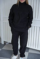 Женский флисовый спортивный костюм теплый стильный без капюшона стойка черный 42-52