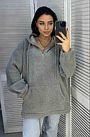 Женское оверсайз худи тедди плюшевое теплое комфортное с капюшоном кенгуру демисезон черный 42-58