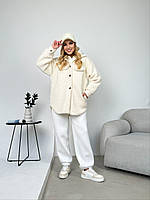 Жіноча флісова куртка-сорочка тедді оверсайз вільна повсякденна демісезон молочний 42-48