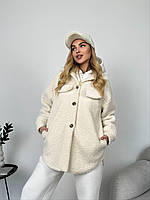 Жіноча куртка-сорочка теді флісова тепла оверсайз повсякденна на ґудзиках молочний 42-48