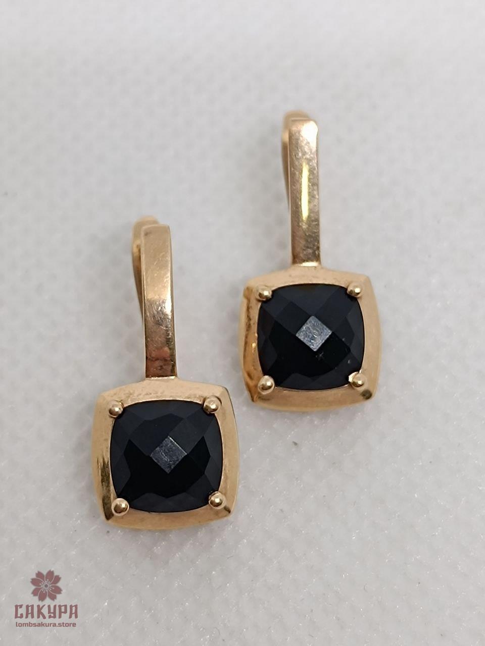 Золоті Сережки зі вставкою онікс, фото 1