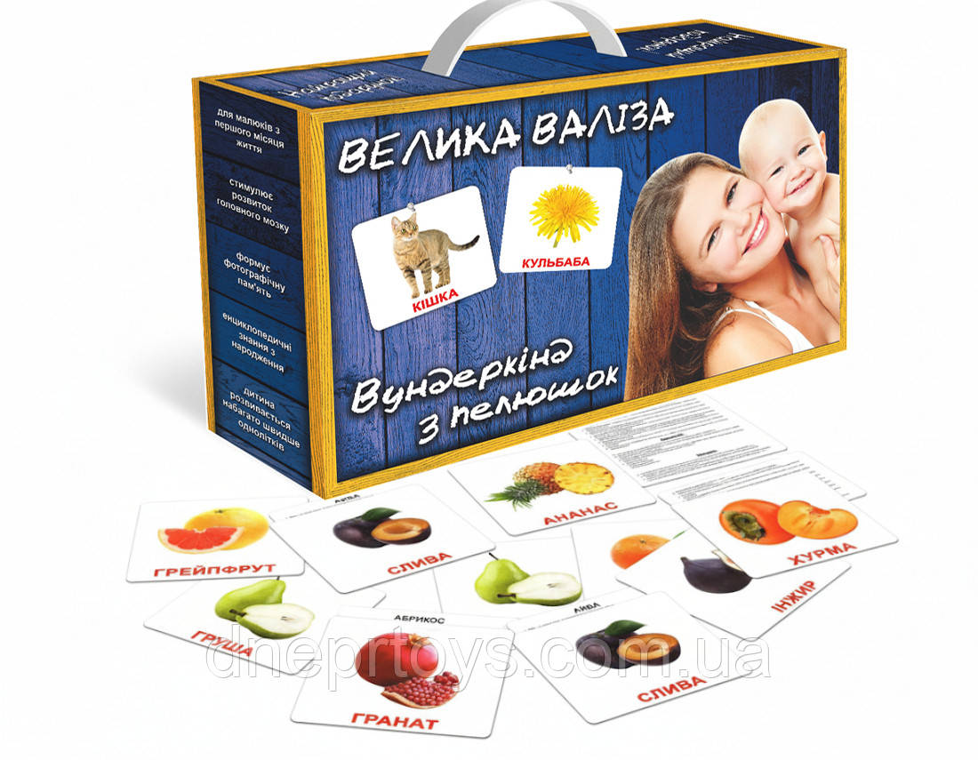 Розвиваюча гра Картки Домана "Велика валіза" Вундеркінд з пелюшок українська мова 20 наборів і книга, фото 1