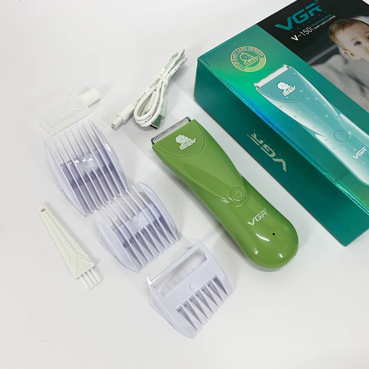 Дуже тиха бездротова машинка для стрижки волосся дітей VGR V-150 з насадками. Колір: зелений VL-32
