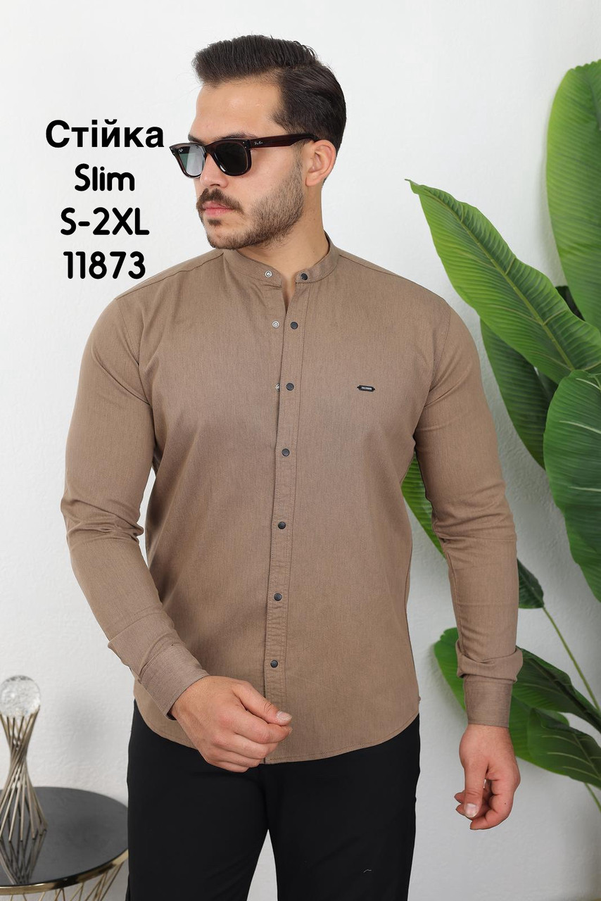 Приталена сорочка Red Stone з довгим рукавом (варений коттон), стійка