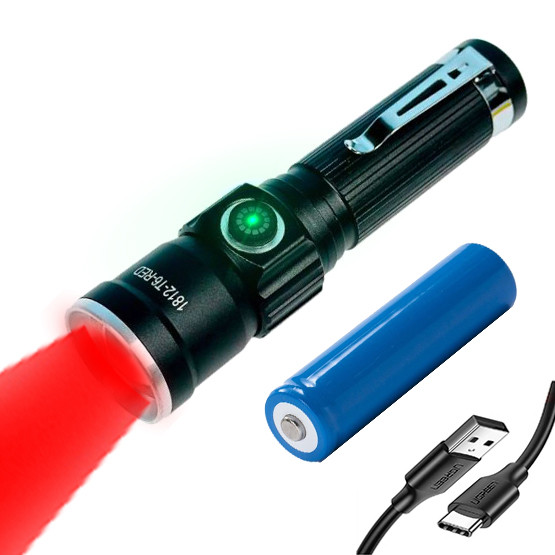 Ліхтар ручний акумуляторний з червоним світлом 1812-T6 Type-C, з кліпсою