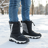 Зимове дитяче взуття, дутики, чоботи, термоботинки на овчині на хлопчиків чорні на липучці. Розмір: 33-37