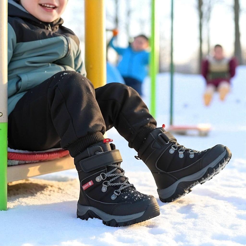 Зимняя детская обувь, дутики, сапоги, термоботинки на овчине на мальчиков черные на липучке в размерах 27,32, фото 1