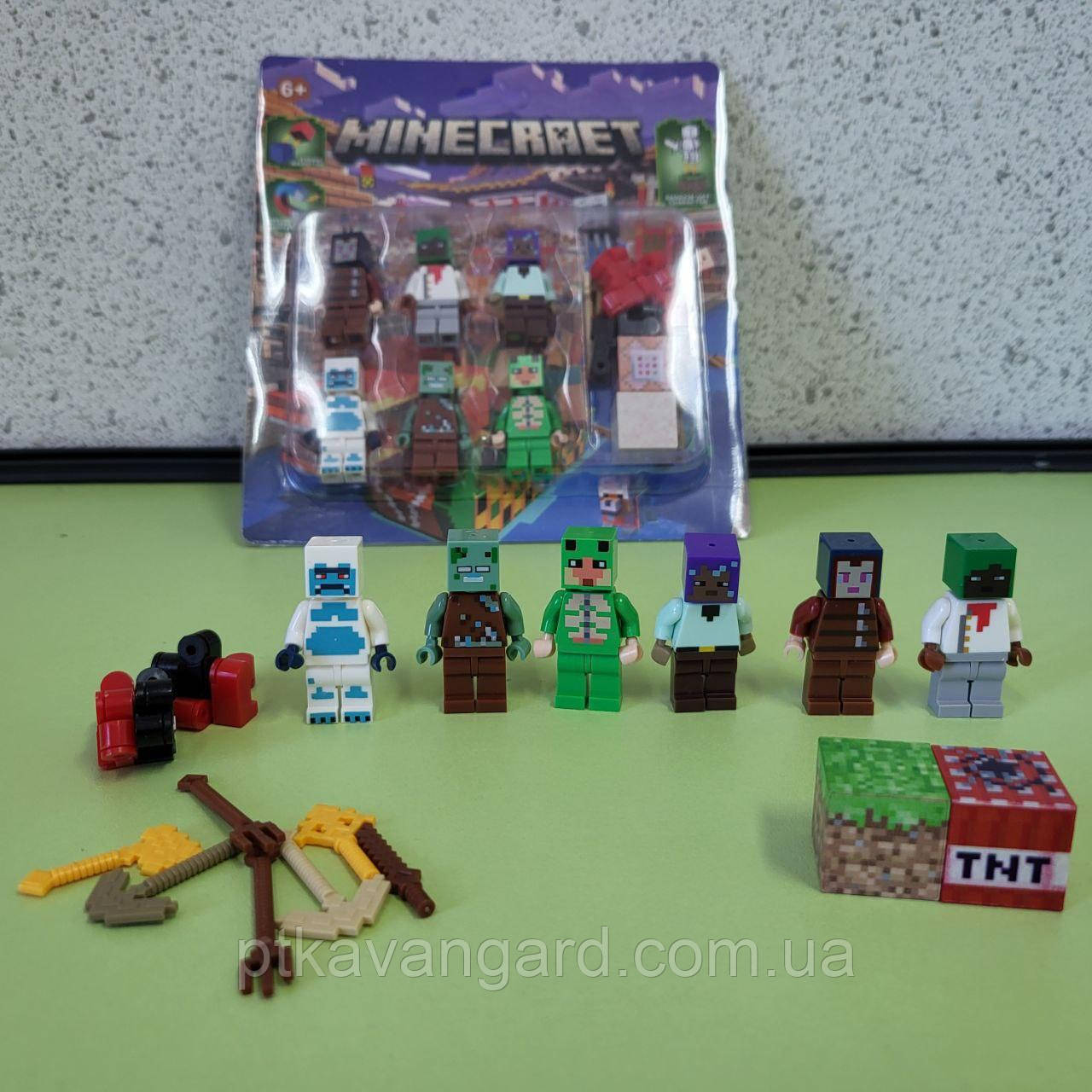 Фігурки Minecraft 6 шт набір з магнітними ніжками та блоками, зброя 4027, фото 1