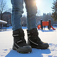 Зимняя детская обувь, дутики, сапоги, термоботинки на овчине на мальчиков черные на липучке в размерах 32-36