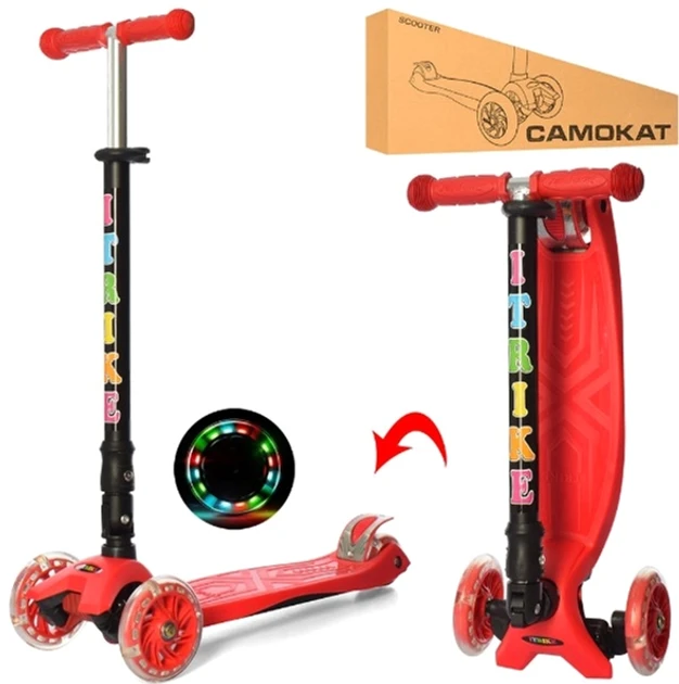 Самокат JR 3-003-R-L MAXI, кол3шт-св, ПУ, 2пер 120мм, кермо 75-85см, підніж.40-13см, фара, червоний, фото 1