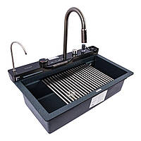 Кухонна гранітна мийка VALESO EVANORA 7546 матова антрацит чорний з LED, змішувачем та водоспадами