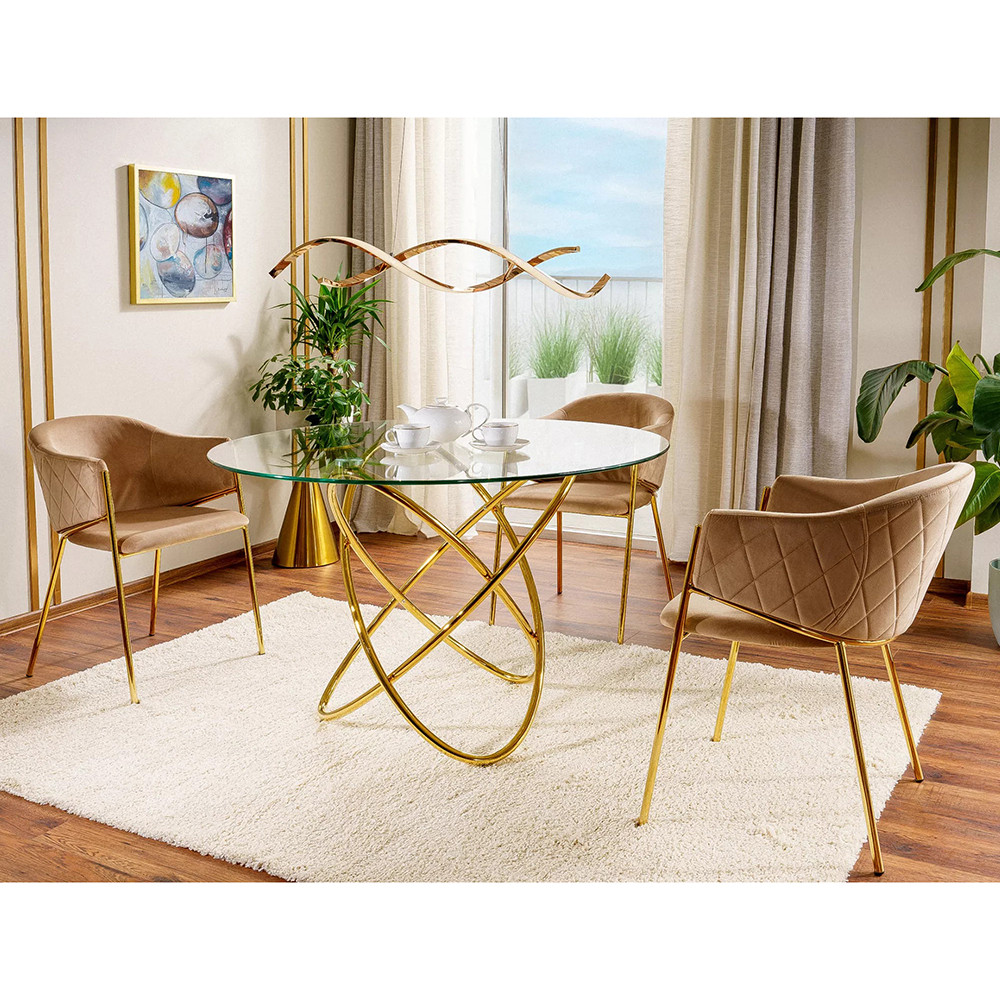 Обідній стіл та стільці із золотими ніжками Orbit 100 см скляний із 2 бежевими велюровими стільцями, фото 1