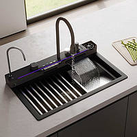 Кухонна мийка гранітна VALESO EVANORA 7546 матова графіт LED, водоспад, змішувач