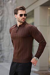 Стильний чоловічий лонгслів поло на змійці в білому та коричневому кольорі