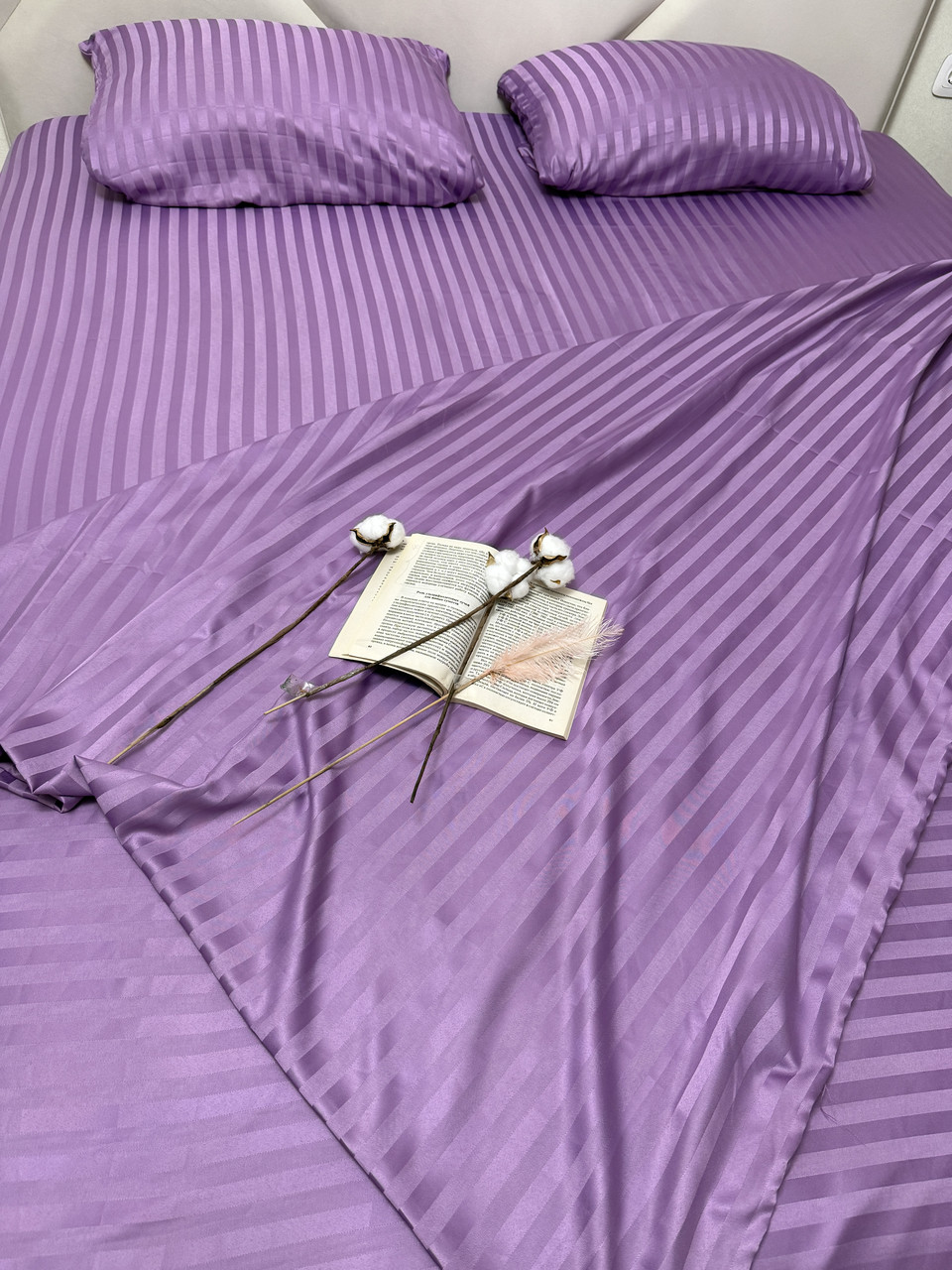 Постільна білизна Страйп Сатин Полуторний комплект(150х220см)колір  Лаванда, фото 1