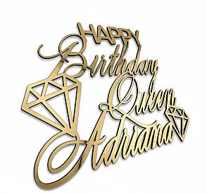Торцевий топер з іменем Happy Birthday Queen Adriana, напис золото з днем народження королева на торті, фото 1