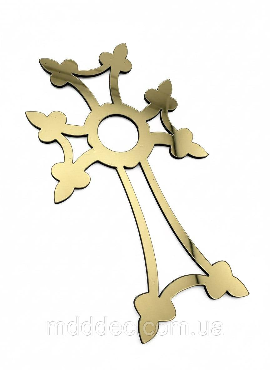 Топер хрест дзеркальний ажурний, золотий пластик 8*5см, прикраса на торт для хрещення та свят