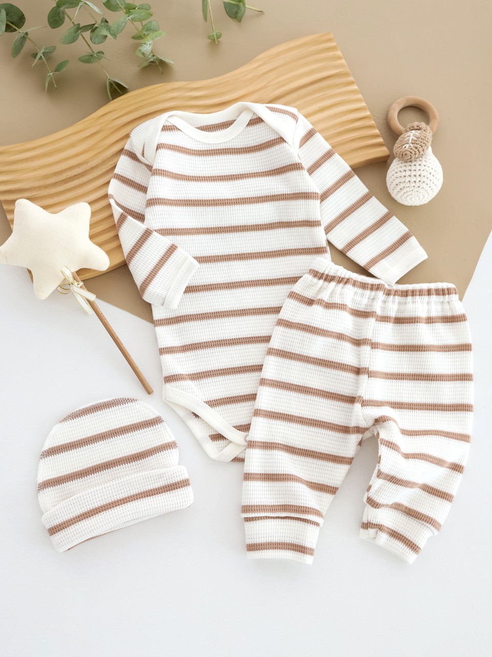 Комплект боді + штанці + шапочка з інтерлоку вафелька розмір 56, 62, фото 1