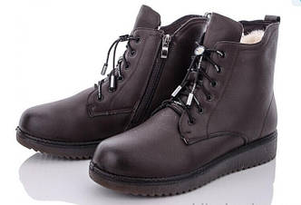 Черевики жіночі зимові еко шкіра утеплені на хутрі на шнурівці з блискавкою коричневі