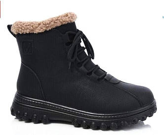 Черевики жіночі зимові еко нубук на хутрі на шнурівці з блискавкою чорні