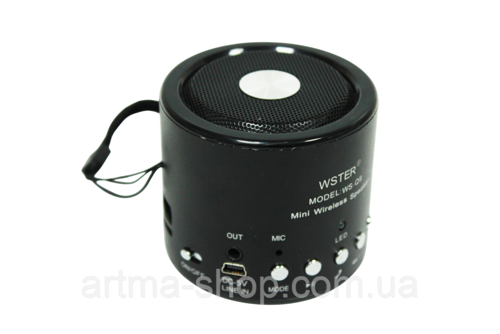 Мініатюрна портативна колонка Bluetooth WSTER WS Q9BT, FM радіо, Потужність 3 Вт, чорна