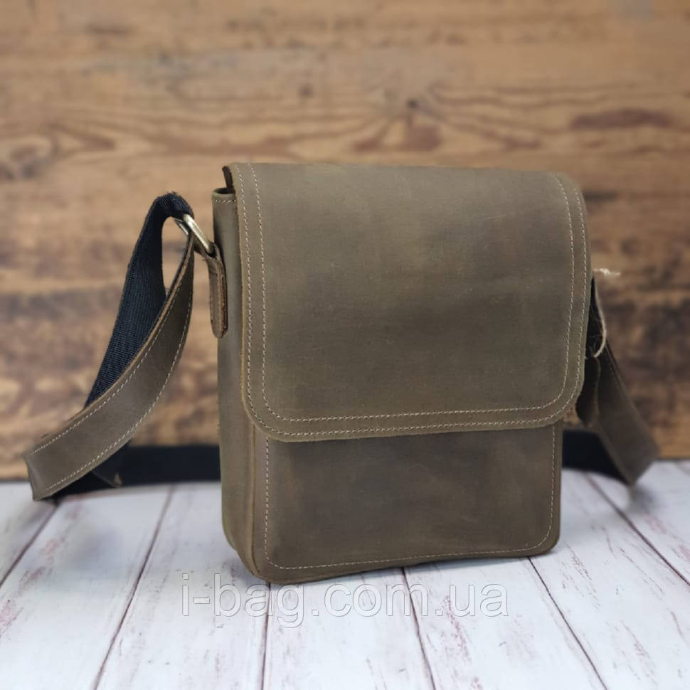 Чоловіча шкіряна сумка BGS з декоративною строчкою 23*20*7 см оливкова BGS3067, фото 1