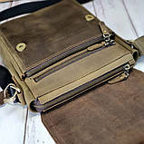 Чоловіча шкіряна сумка BGS з декоративною строчкою 23*20*7 см оливкова BGS3067, фото 4