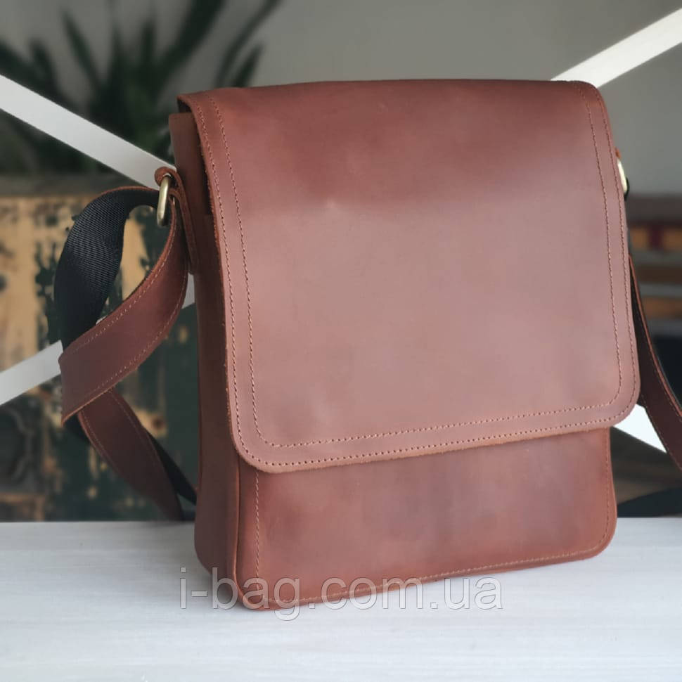 Містка чоловіча сумка BGS шкіряна 28*24*7 см коньячна BGS3158, фото 1