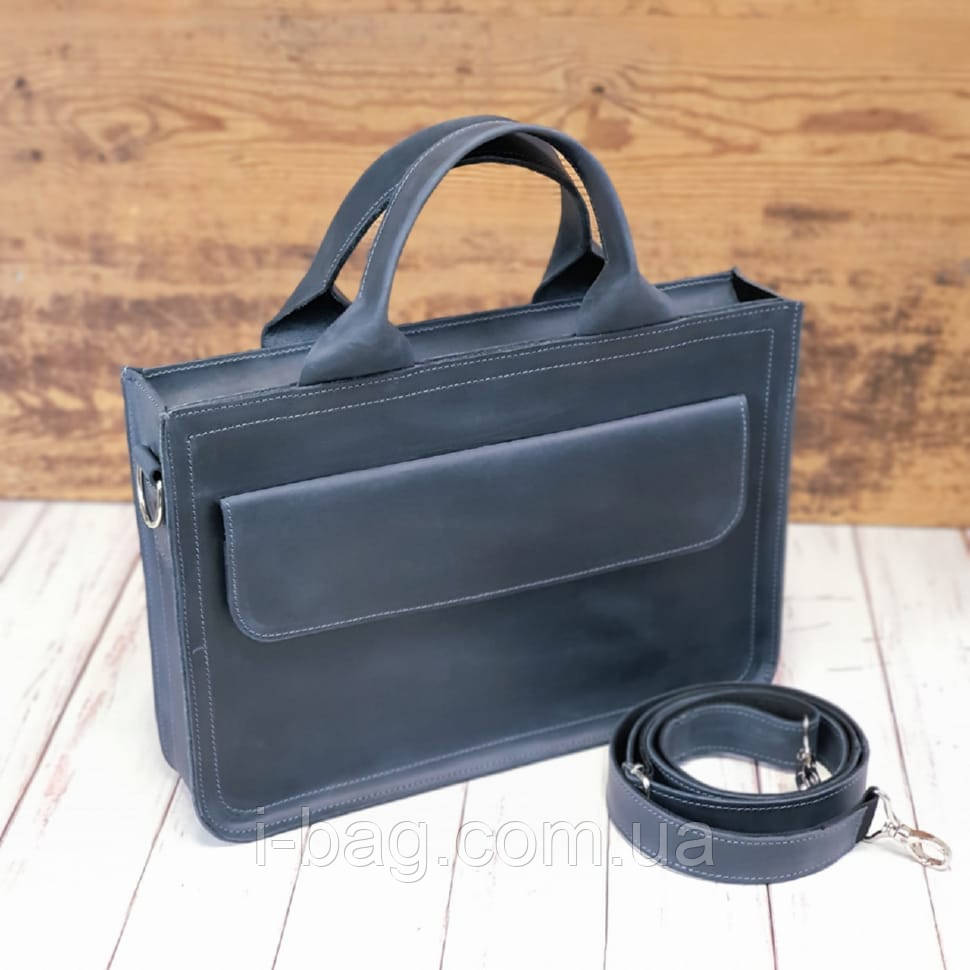 Шкіряна сумка для документів і невеликого ноутбука BGS синя BGS3178, фото 1
