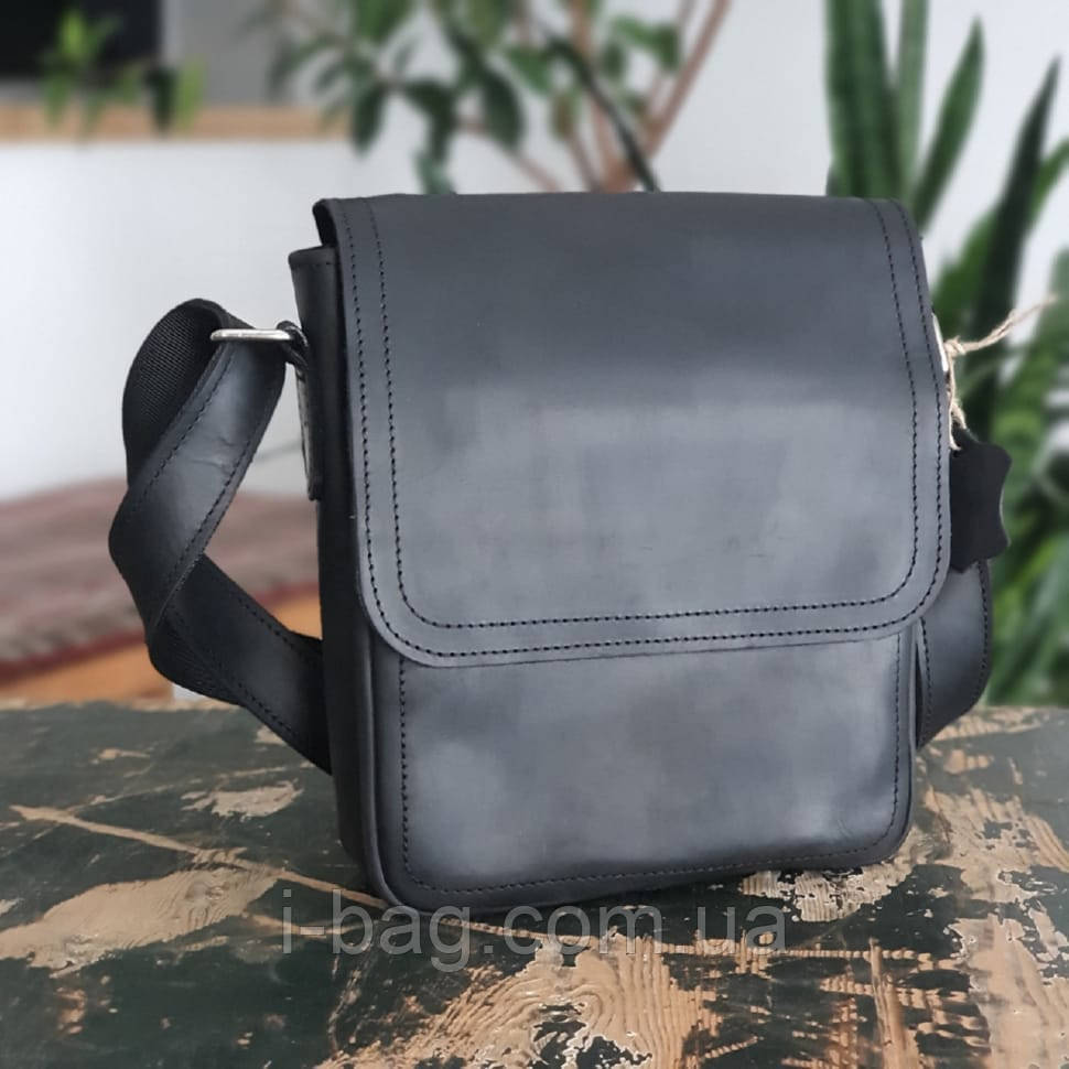 Чоловіча шкіряна сумка BGS з декоративною строчкою 23*20*7 см чорна BGS3198, фото 1