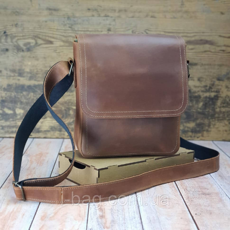 Чоловіча шкіряна сумка BGS c декоративною строчкою 23*20*7 см коньячна BGS3199, фото 1