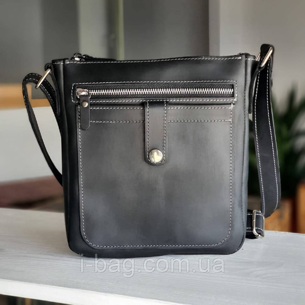 Чоловіча шкіряна сумка планшет BGS 22*20*3 см чорна з сірою стрічкою BGS3203, фото 1