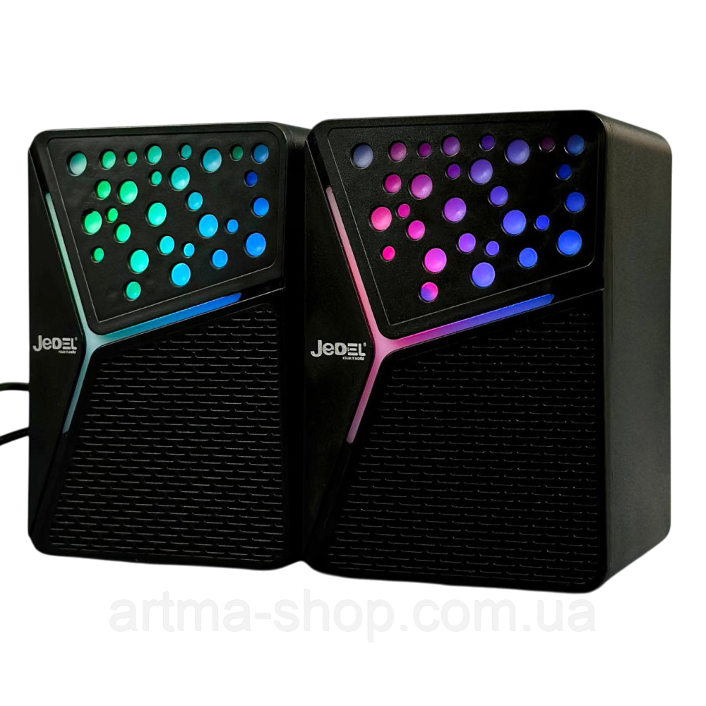 Колонки комп'ютерні Jedel S-554 з RGB підсвічуванням, USB+3.5mm, Потужність 6Вт, 10,0х6,7х6,5см, чорні, фото 1