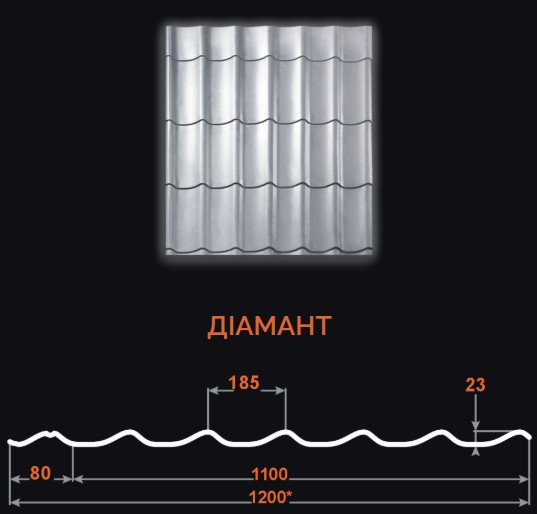 Металочерепиця "Діамант" SSAB (Швеція)МАТ 0,50мм цинк 275г/м2, фото 1