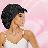 Шапка для сну жіноча на голову атласна із синтетичного штучного шовку Hechpro чорна (04), фото 8