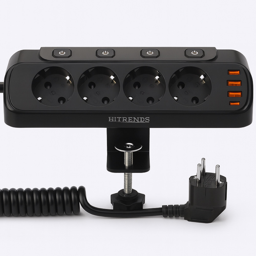 Мережевий фільтр 20Вт, 1.6м (2хUSB-A, 2хType-C, 4х220В) / Електричний подовжувач з тримачем для столу, фото 1