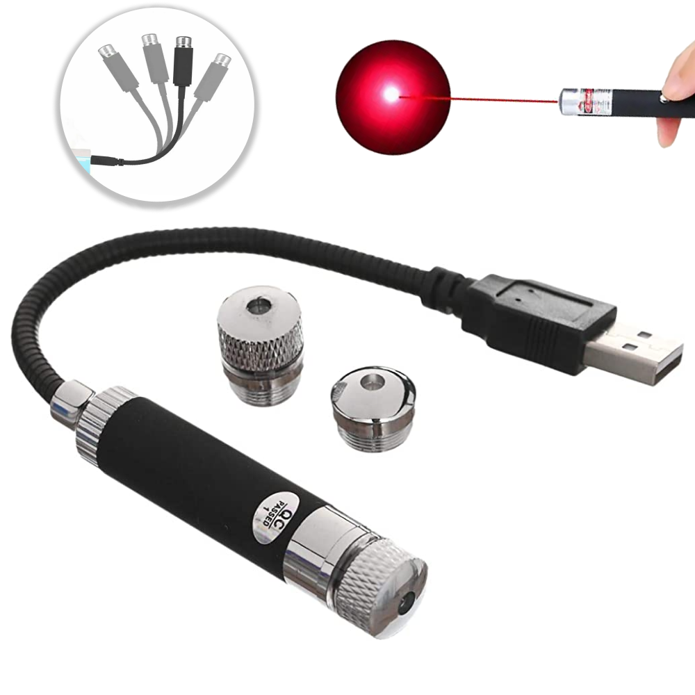 Лазерна указка від USB червоне світло Laser Pointer SN-R12 / Потужна лазерна юсб указка з насадками, фото 1