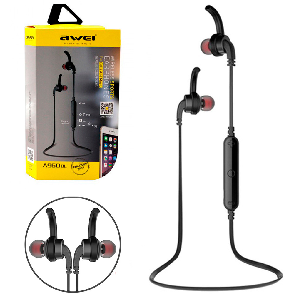 Бездротові навушники + BT з мікрофоном, AWEI A960BL / Вакуумні Bluetooth навушники, фото 1