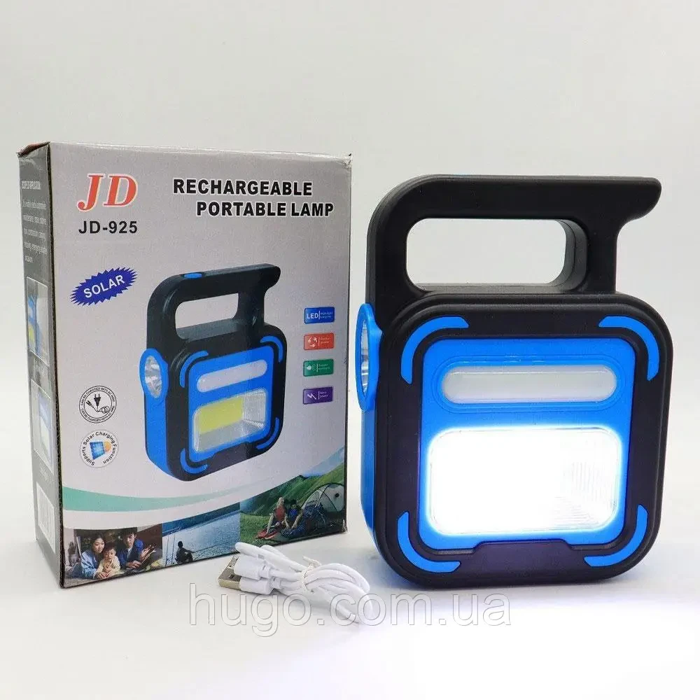 Ручний ліхтар USB із сонячною панеллю та повербанком, 1200мАч, COB+LED, JD-925, Синій / Світлодіодний прожектор, фото 1